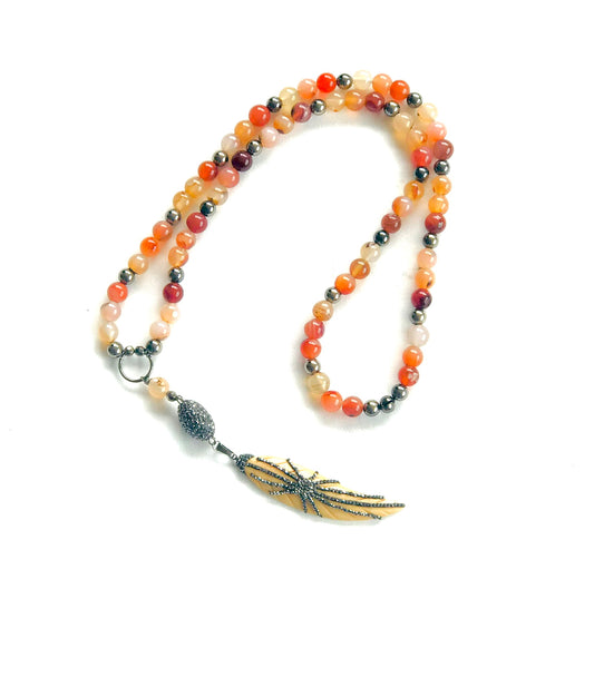 Peach Agate Bone Feather Pendant