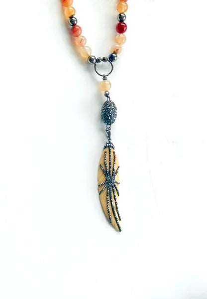 Peach Agate Bone Feather Pendant